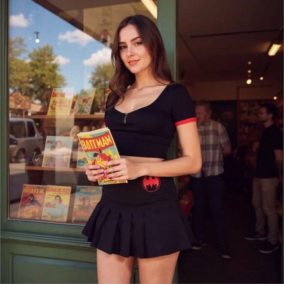 You Summoned Me Pleated Mini Skirt – by DC Black Red Batman Logo Gothic S - Picture 2 of 3